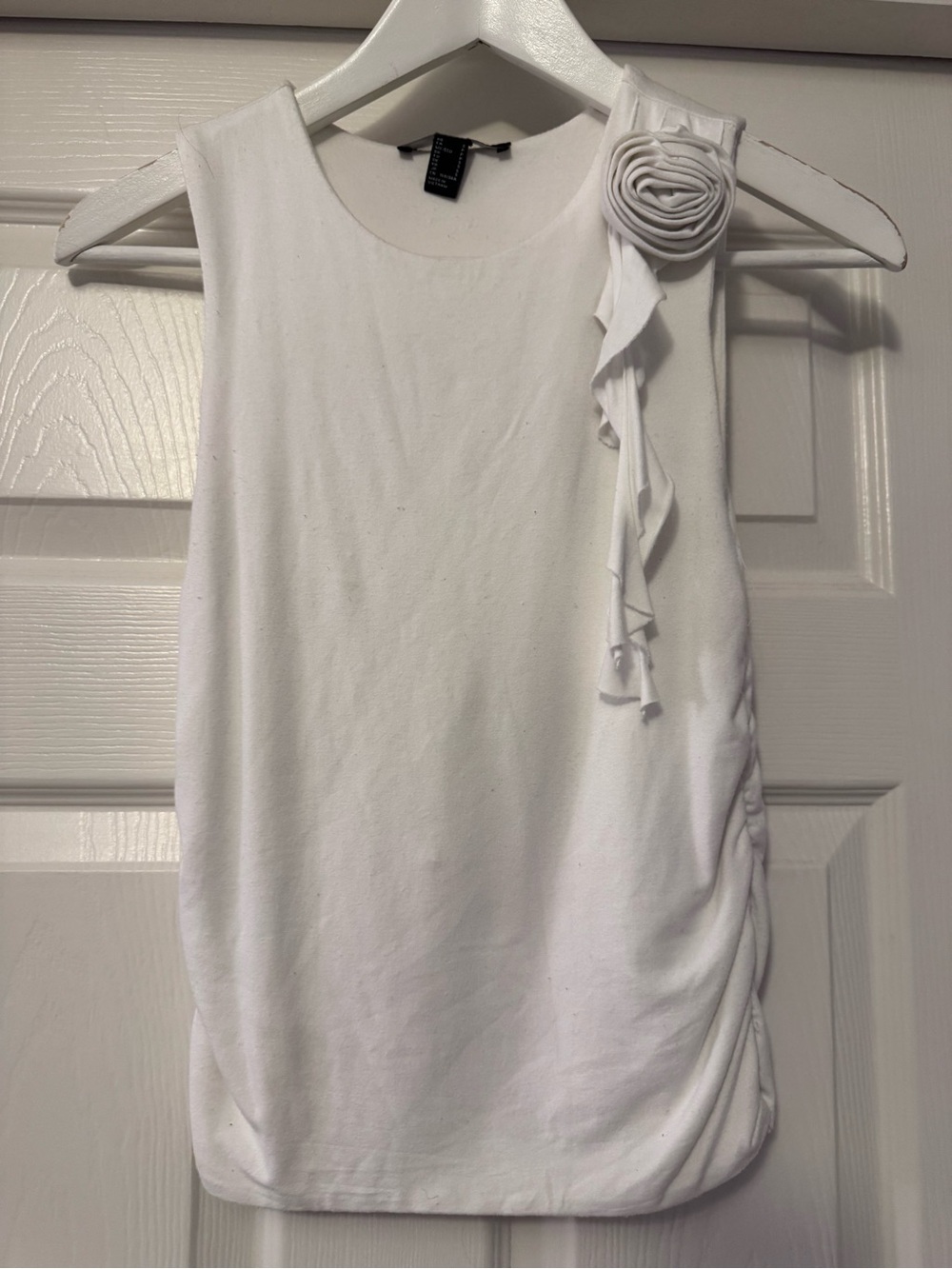 Forever 21 White Sleeveless Tank with Rosette and Ruffle Accent